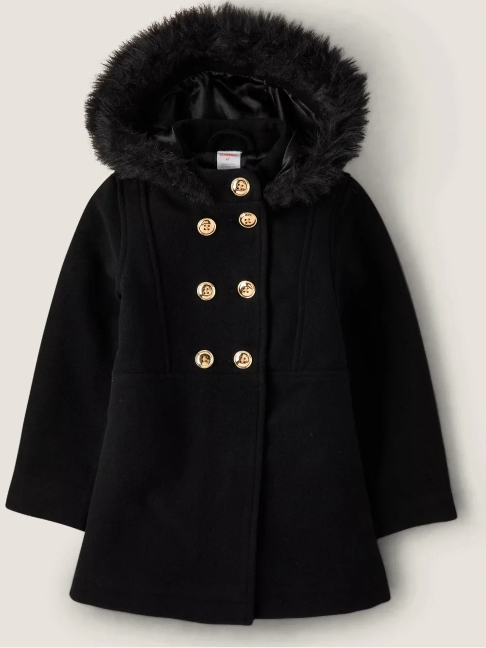 Gymboree Black Double-Breasted Hooded Pea Coat with Faux Fur Trim